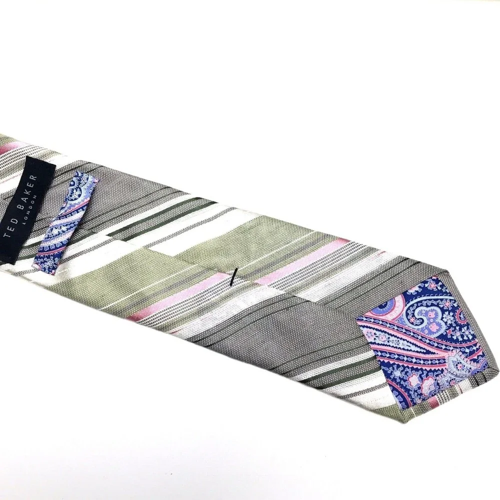Ted Baker London Tie Men's Gray Khaki Pink Striped Paisley Pin Up Necktie 60